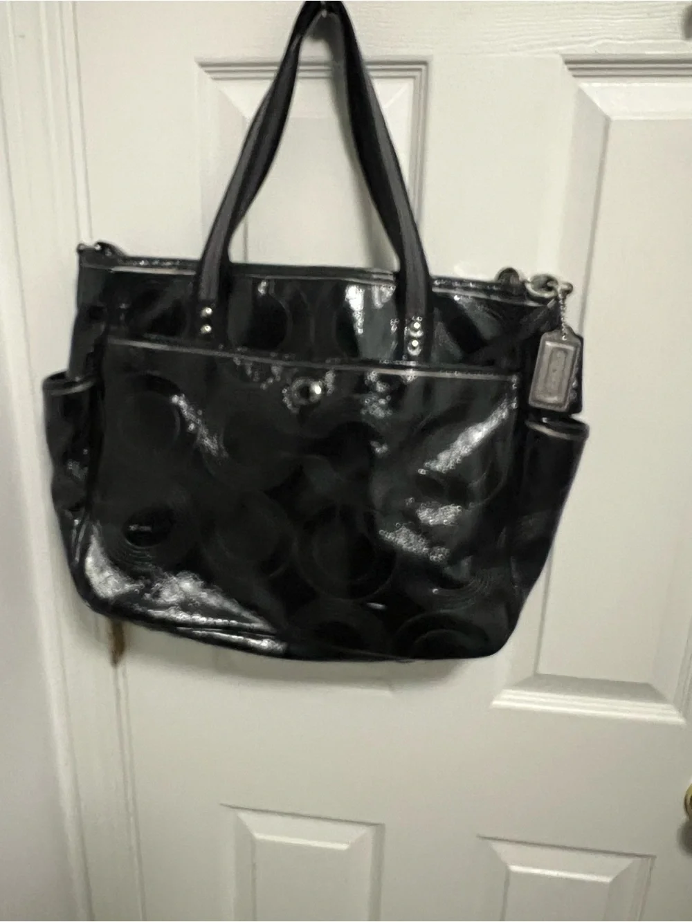 Coach Black Patent Circle-Pattern Tote